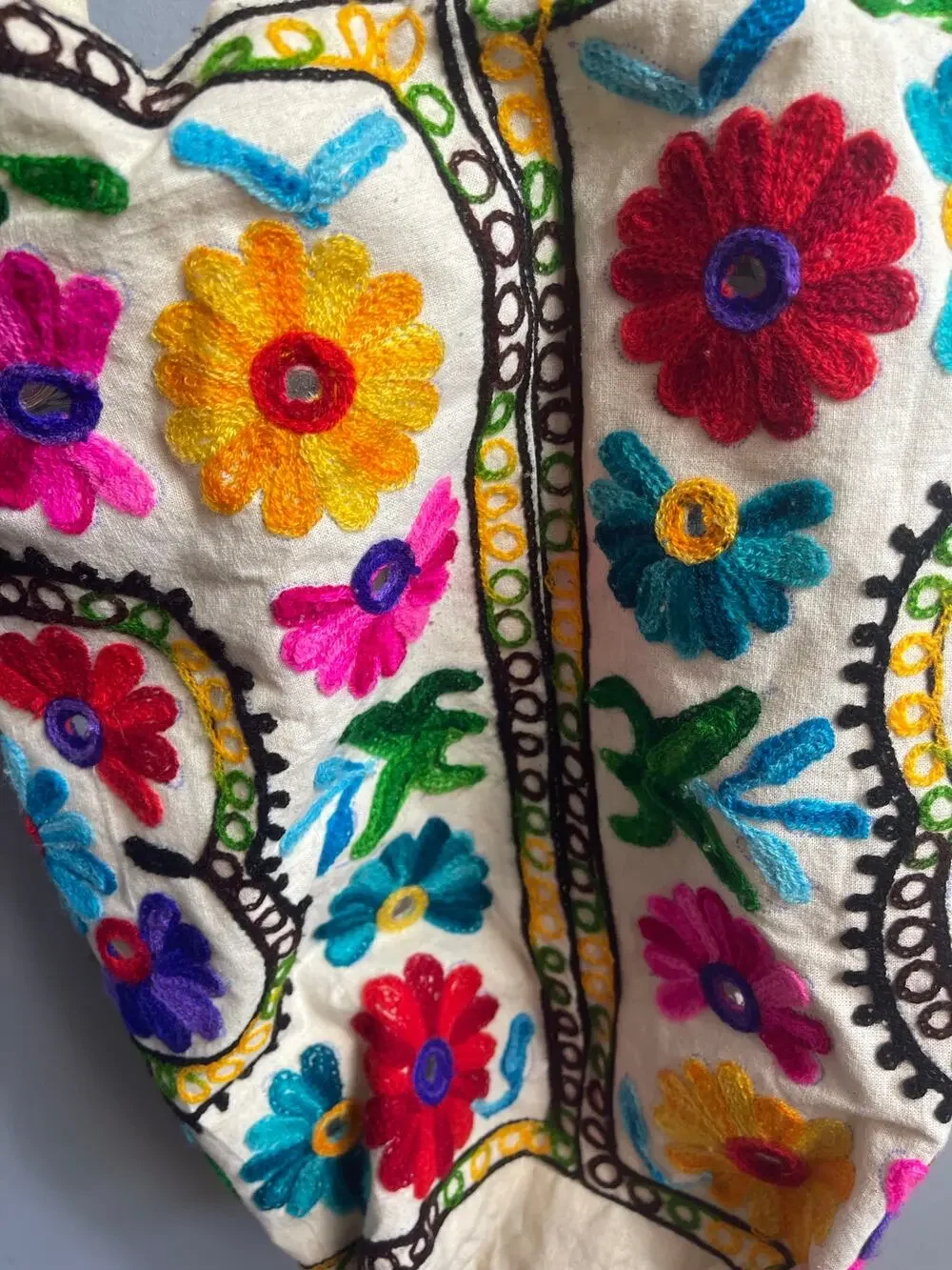 Vintage Bohemian Floral Embroidered Cotton Hobo Multi-Color Hippie Slouchy Bag